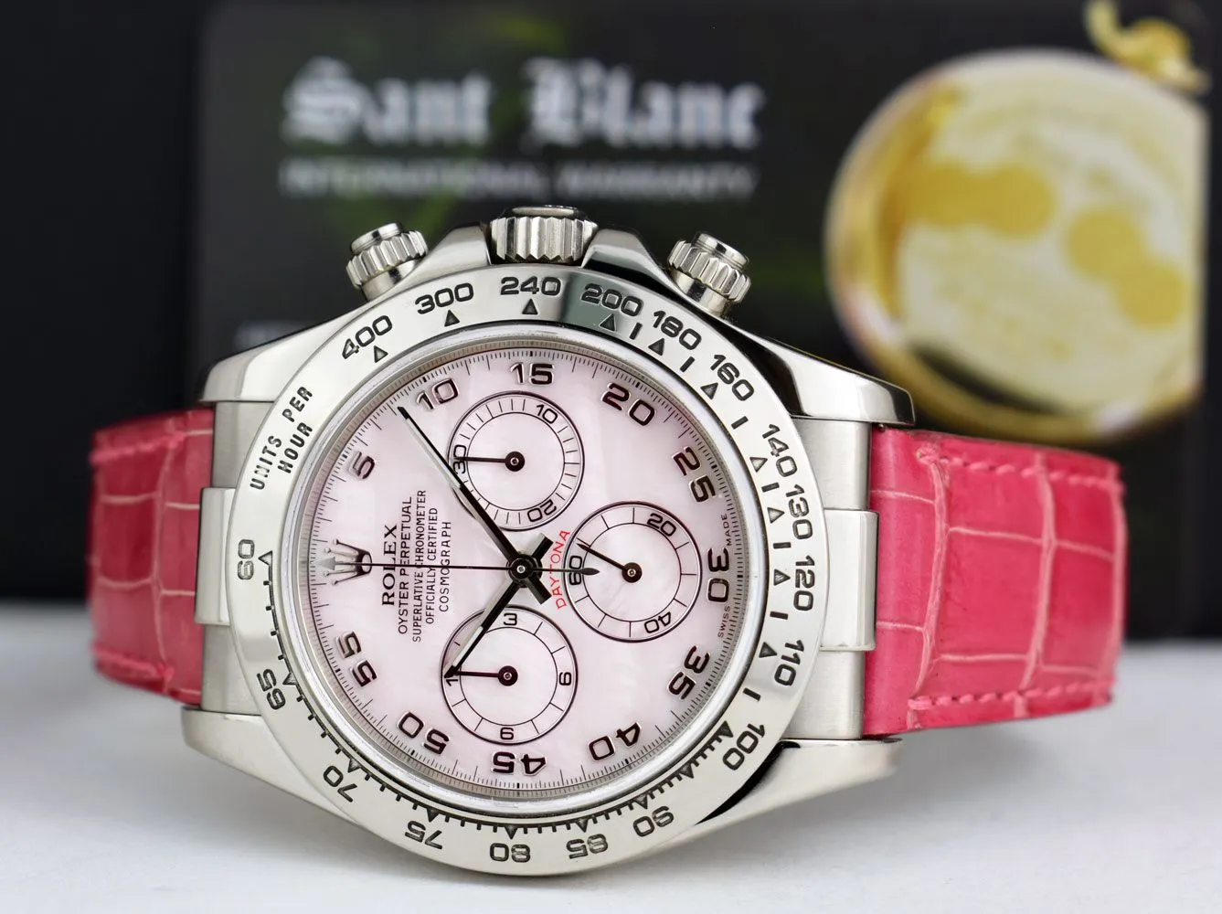 ROLEX 40mm White Gold DAYTONA Rose MOP Arabic Pink Strap 116519