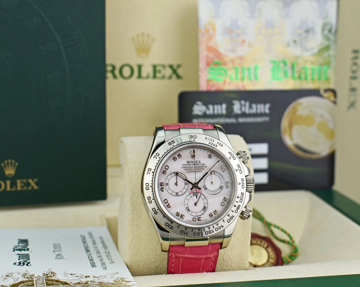 ROLEX 40mm White Gold DAYTONA Rose MOP Arabic Pink Strap 116519