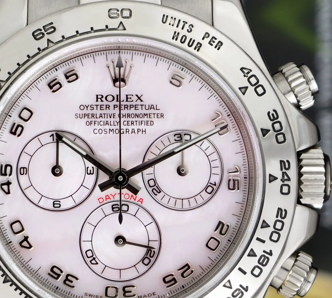 ROLEX 40mm White Gold DAYTONA Rose MOP Arabic Pink Strap 116519