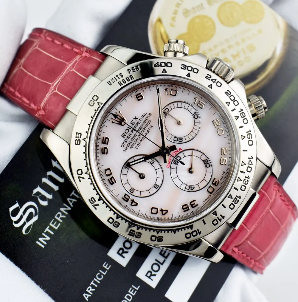 ROLEX 40mm White Gold DAYTONA Rose MOP Arabic Pink Strap 116519