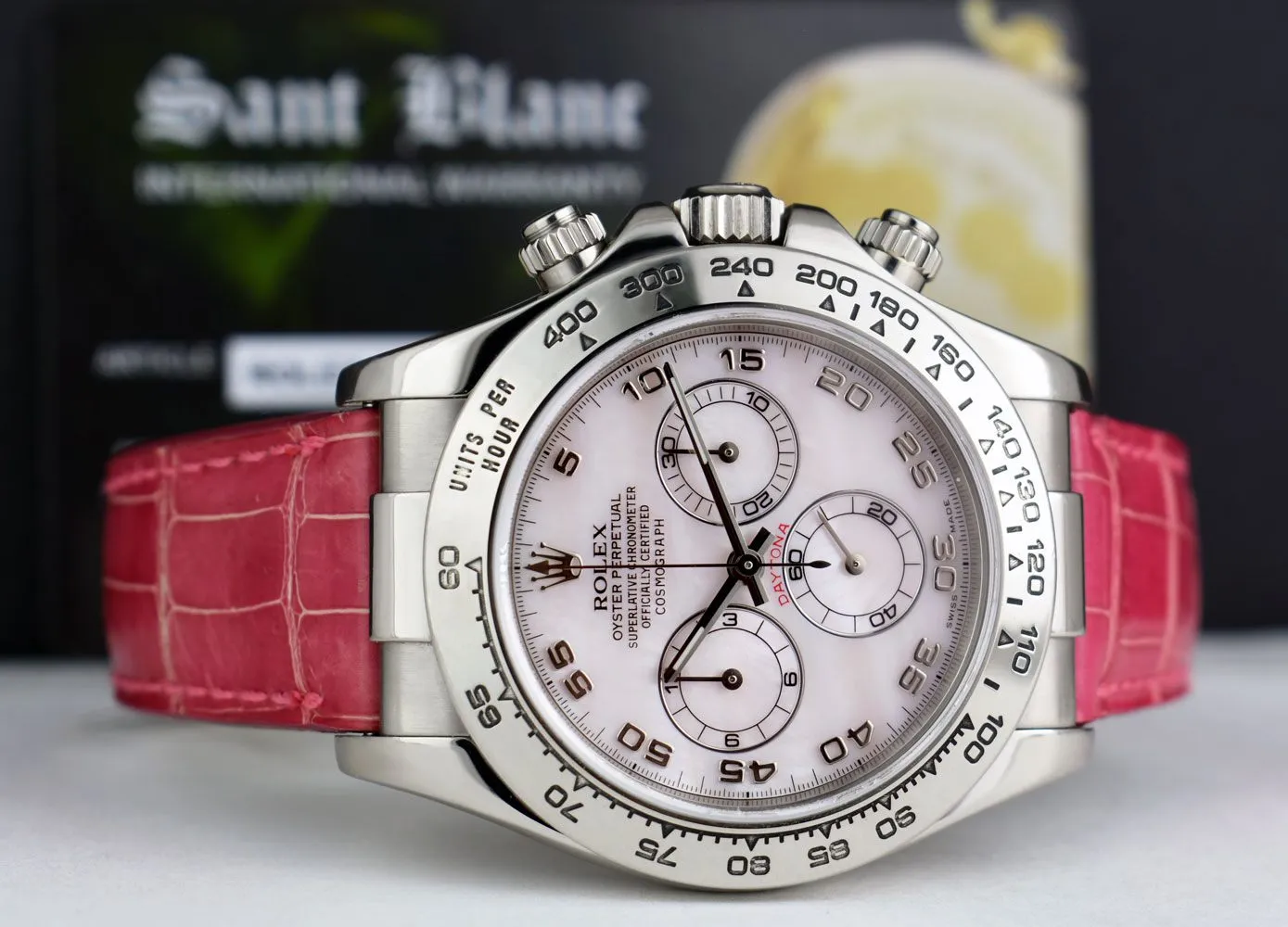 ROLEX 40mm White Gold DAYTONA Rose MOP Arabic Pink Strap 116519
