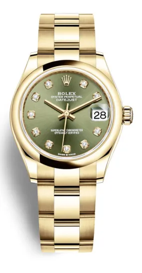 Rolex Datejust 31 Olive Green Diamond Dial Automatic Ladies 18kt Yellow Gold Oyster Watch 278248GNDO