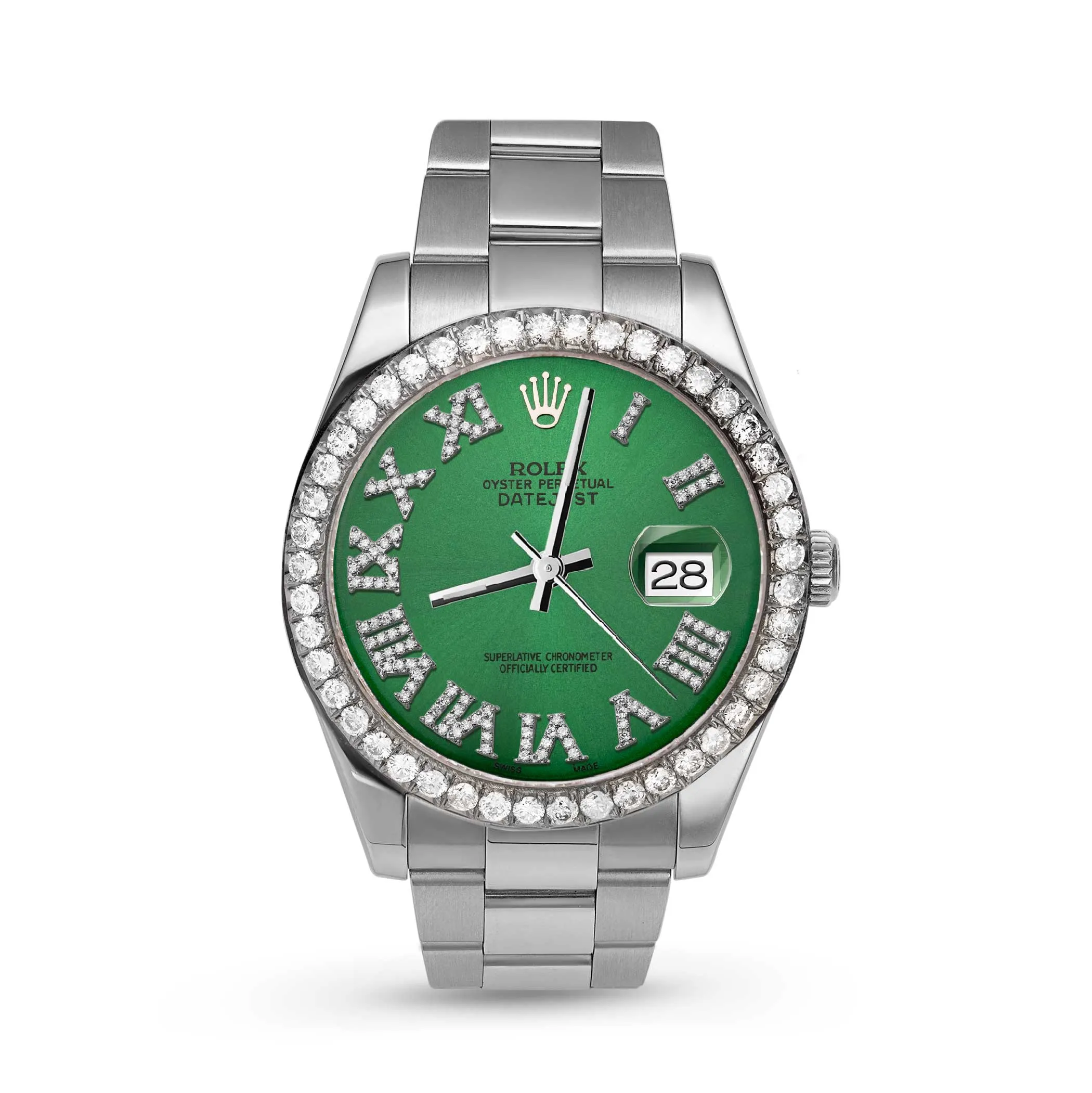 Rolex Datejust Diamond Bezel Watch 41mm Green Roman Numeral Dial | 3.15ct