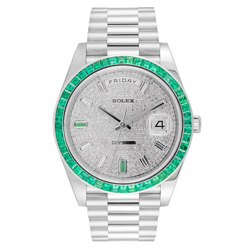 Rolex Day-Date 40 18ct White Gold Custom Diamond Paved Dial Custom Green Bezel 228239