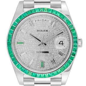 Rolex Day-Date 40 18ct White Gold Custom Diamond Paved Dial Custom Green Bezel 228239