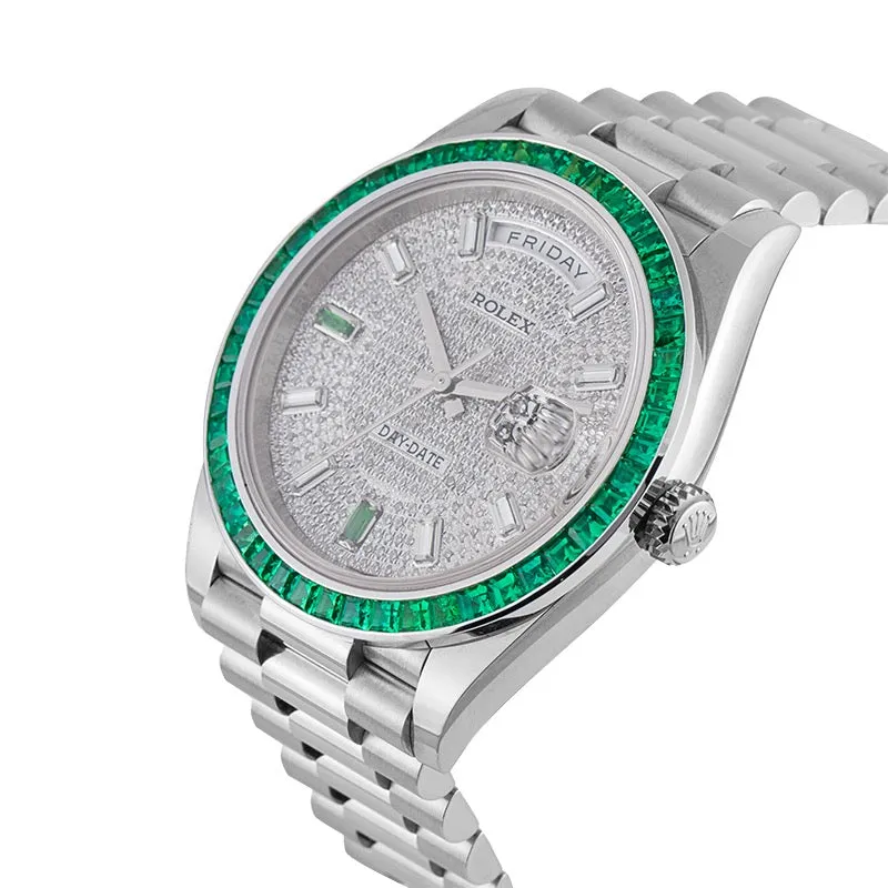 Rolex Day-Date 40 18ct White Gold Custom Diamond Paved Dial Custom Green Bezel 228239
