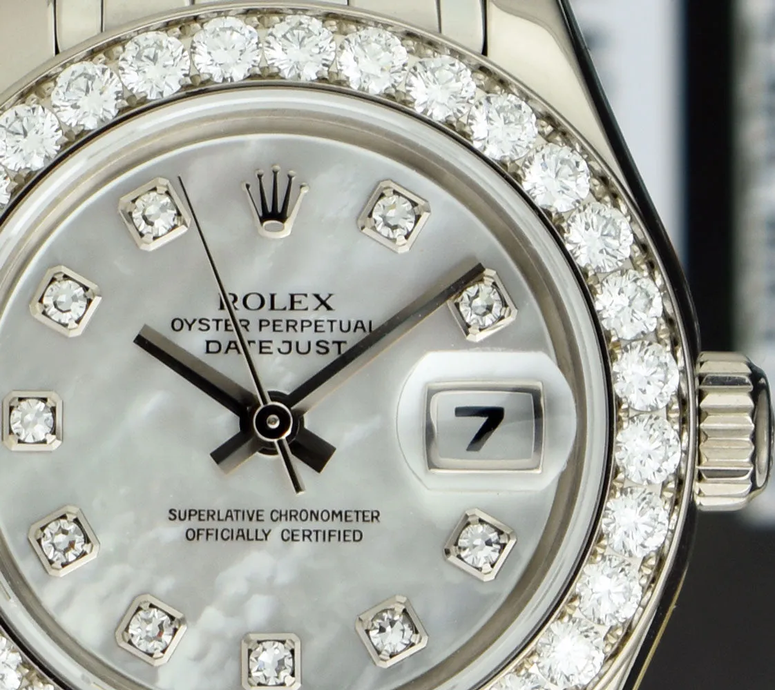 ROLEX Ladies 29mm 18kt White Gold Pearlmaster Masterpiece White MOP Diamond Dial Model 80299