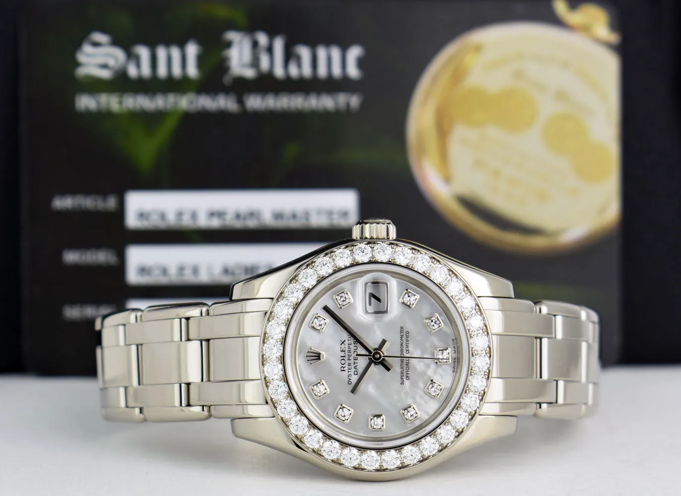 ROLEX Ladies 29mm 18kt White Gold Pearlmaster Masterpiece White MOP Diamond Dial Model 80299