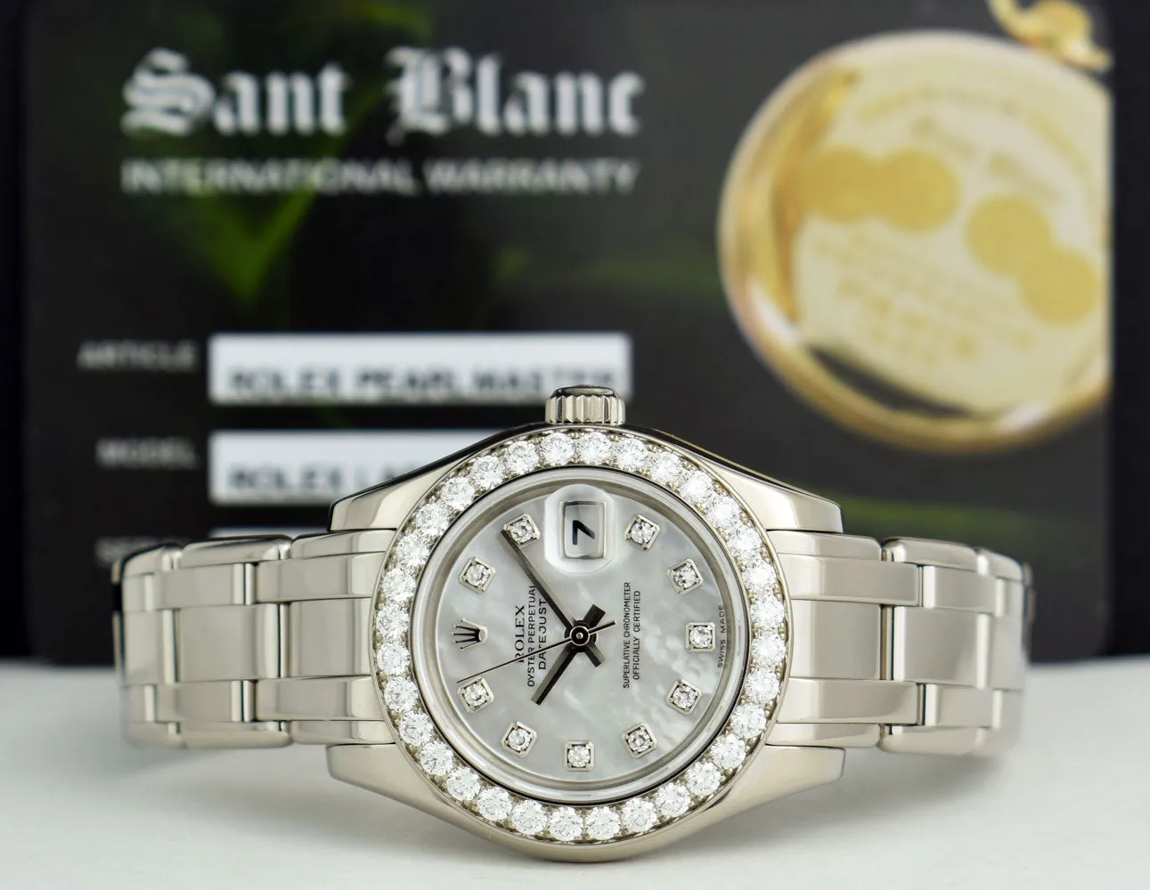 ROLEX Ladies 29mm 18kt White Gold Pearlmaster Masterpiece White MOP Diamond Dial Model 80299