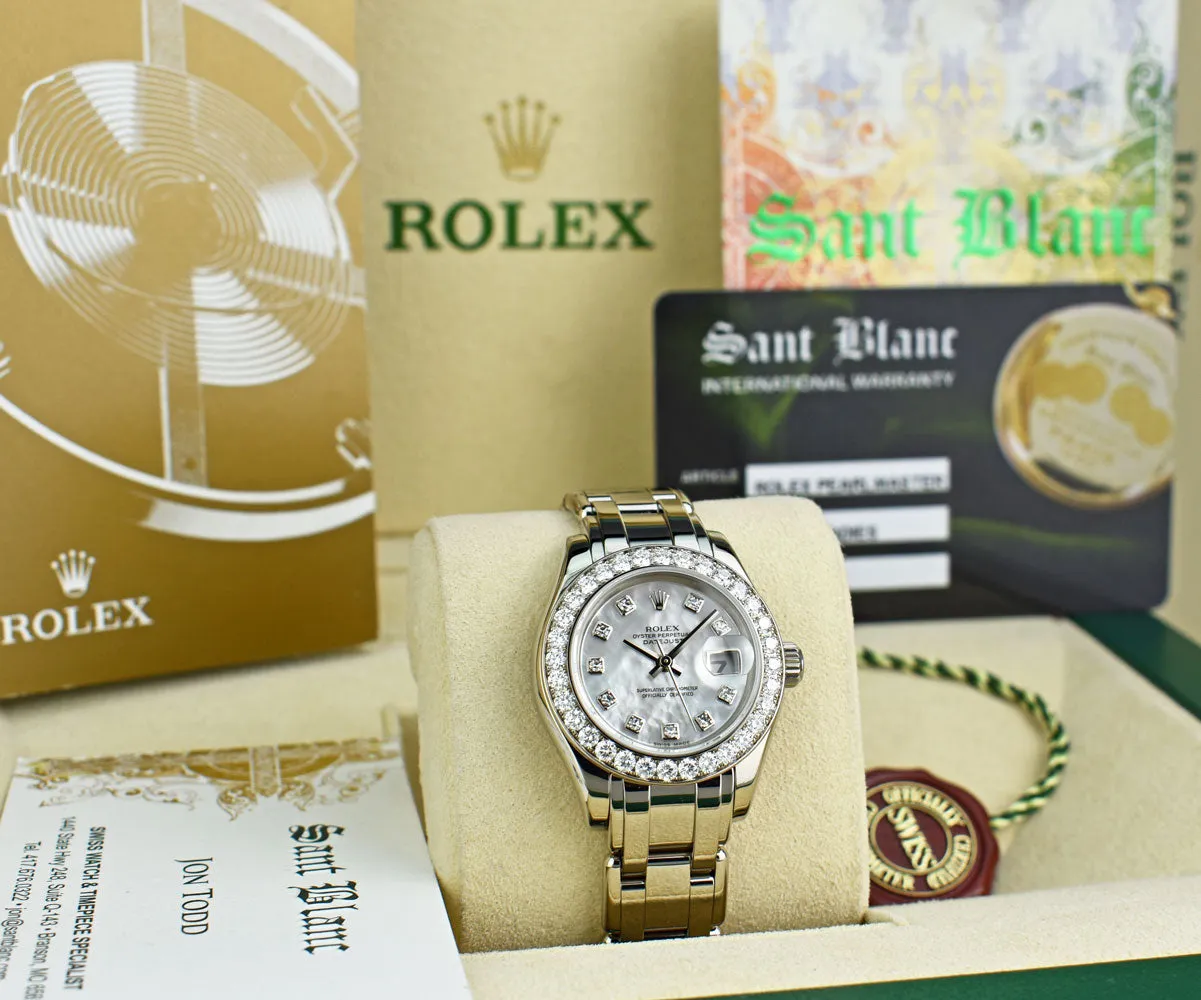 ROLEX Ladies 29mm 18kt White Gold Pearlmaster Masterpiece White MOP Diamond Dial Model 80299