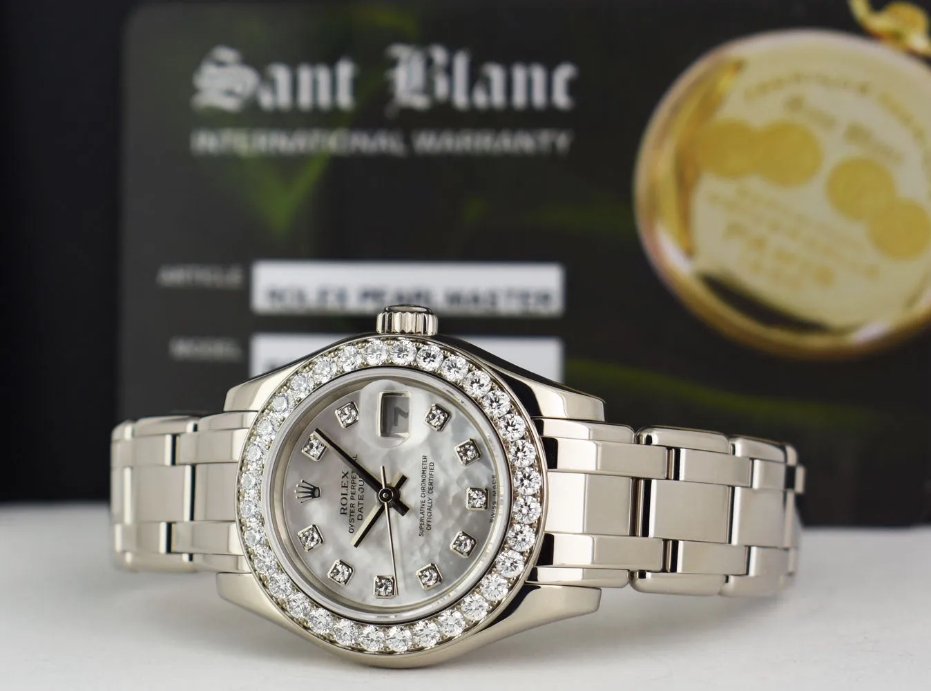 ROLEX Ladies 29mm 18kt White Gold Pearlmaster Masterpiece White MOP Diamond Dial Model 80299