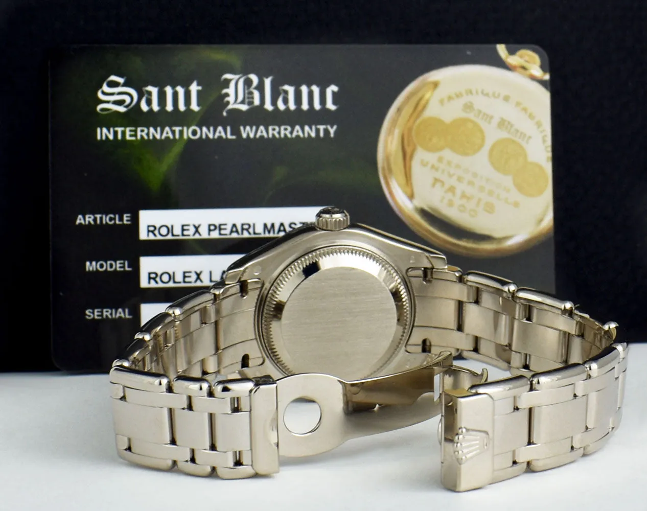ROLEX Ladies 29mm 18kt White Gold Pearlmaster Masterpiece White MOP Diamond Dial Model 80299