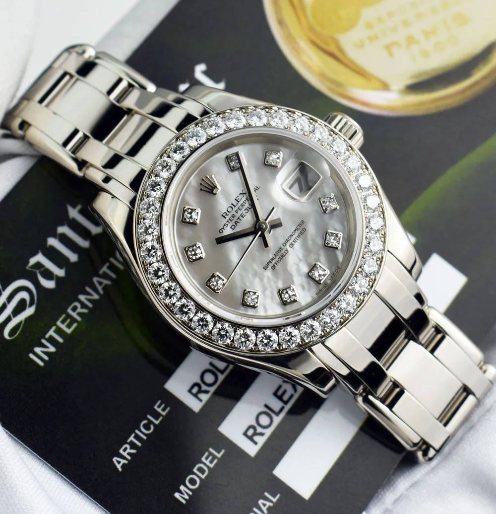 ROLEX Ladies 29mm 18kt White Gold Pearlmaster Masterpiece White MOP Diamond Dial Model 80299