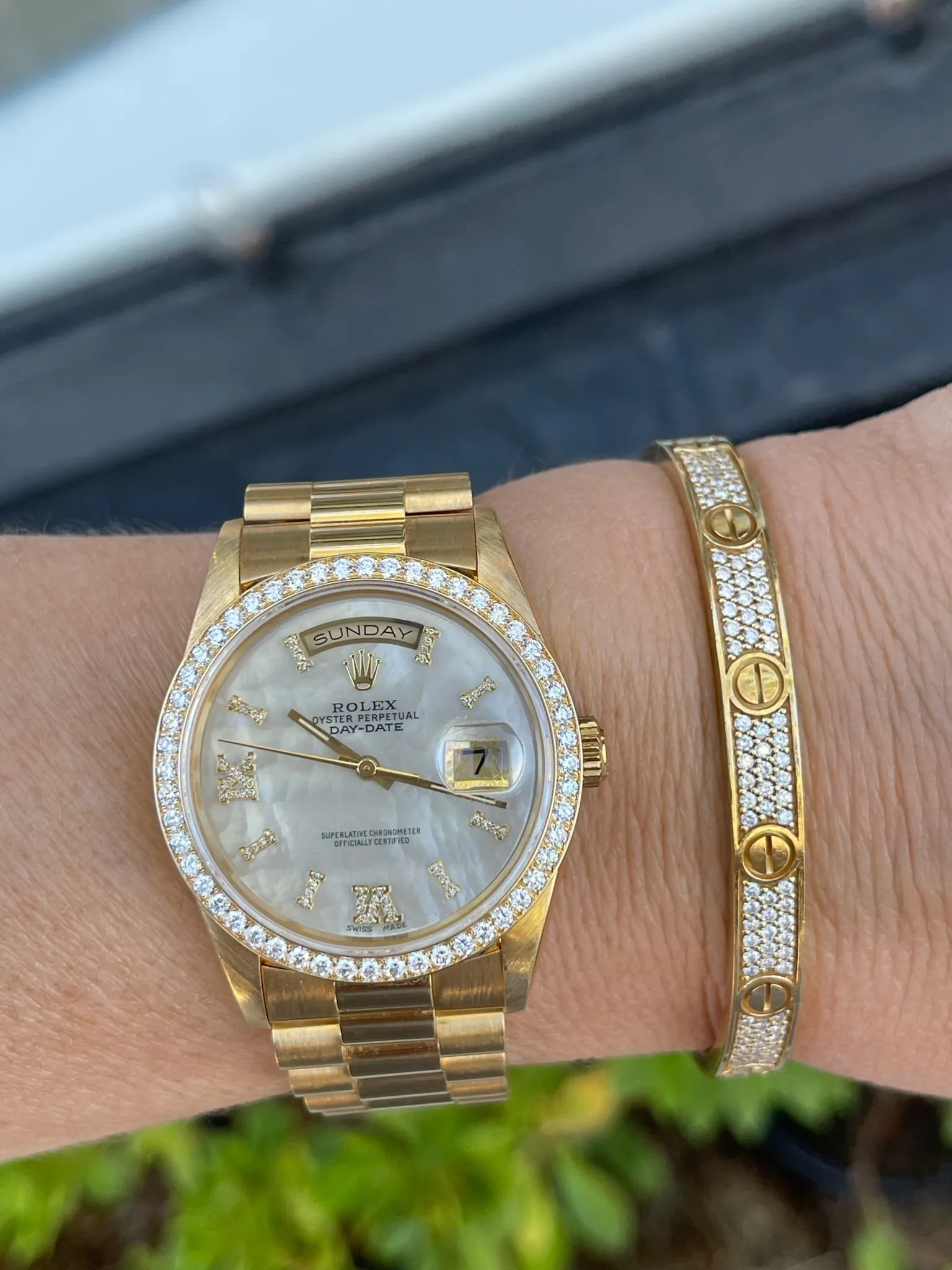 Rolex Presidential 36mm Day Date 18238 (Double Quickset) Refinished White Mother of Pearl Diamond Dial Custom Diamond Bezel Mint