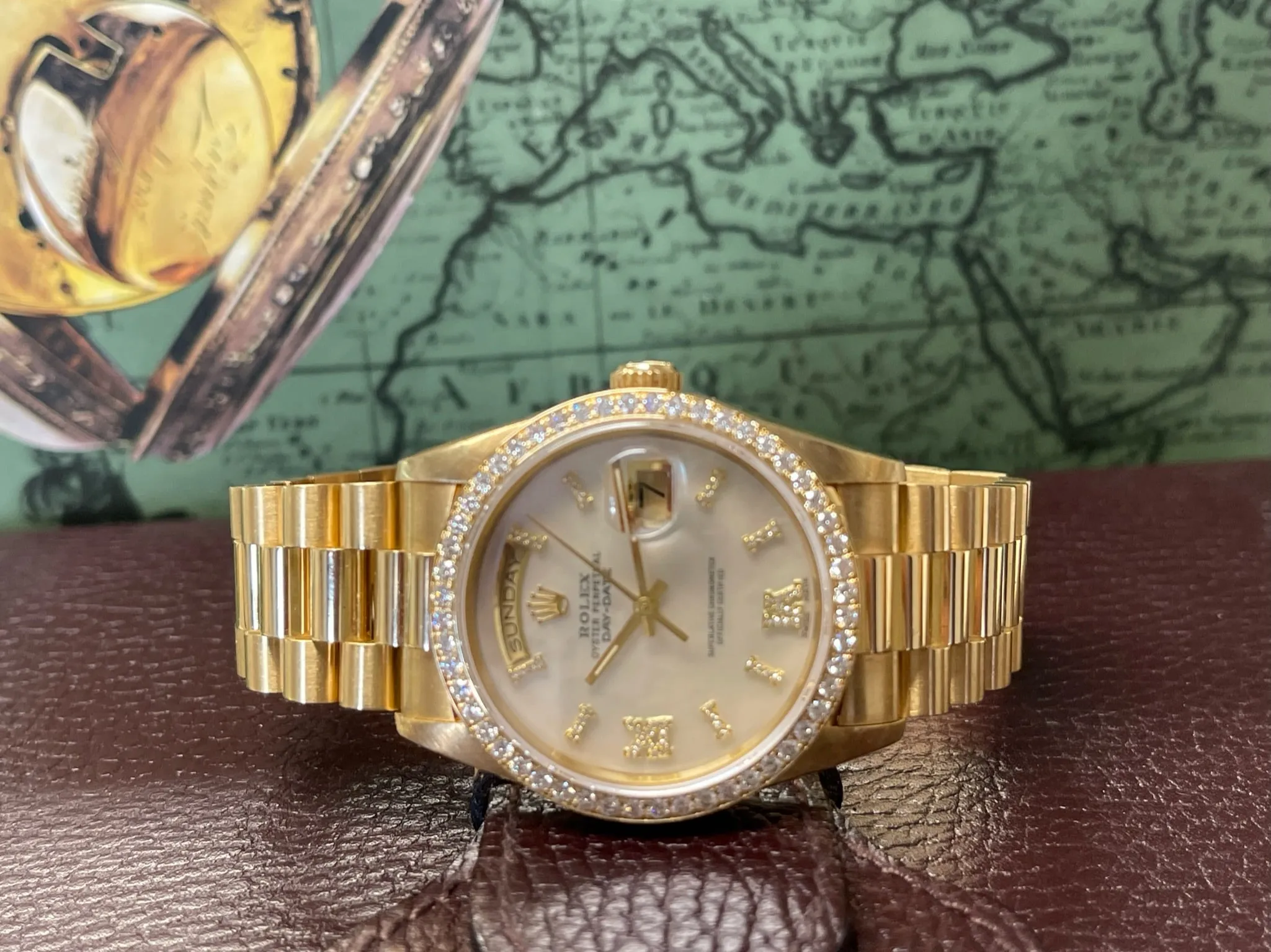 Rolex Presidential 36mm Day Date 18238 (Double Quickset) Refinished White Mother of Pearl Diamond Dial Custom Diamond Bezel Mint