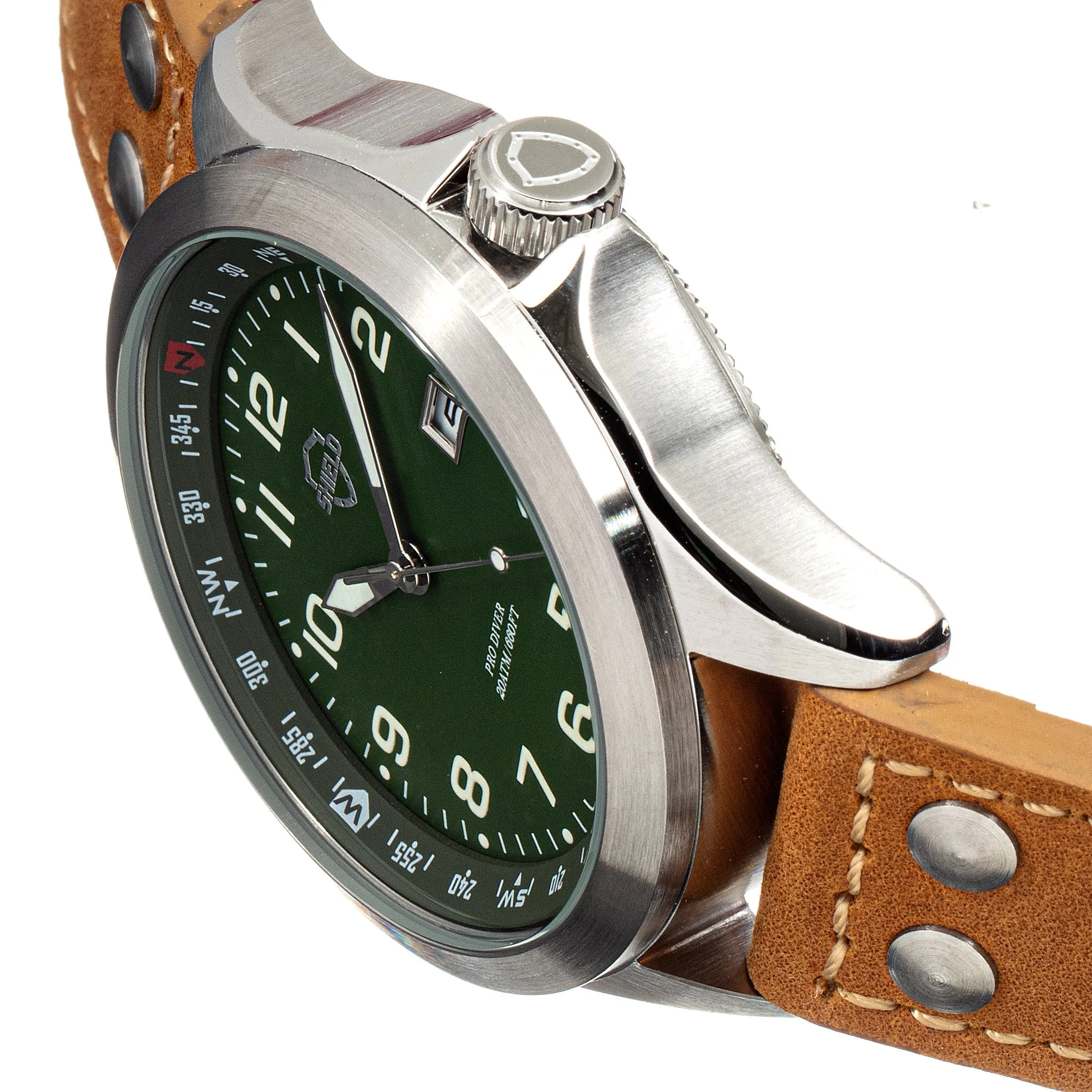 Shield Palau Leather-Band Men's Diver Watch w/Date - Silver/Green