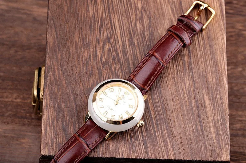 Unisex Antique Jade Classic Genuine Leather Band Quartz Couple Watch