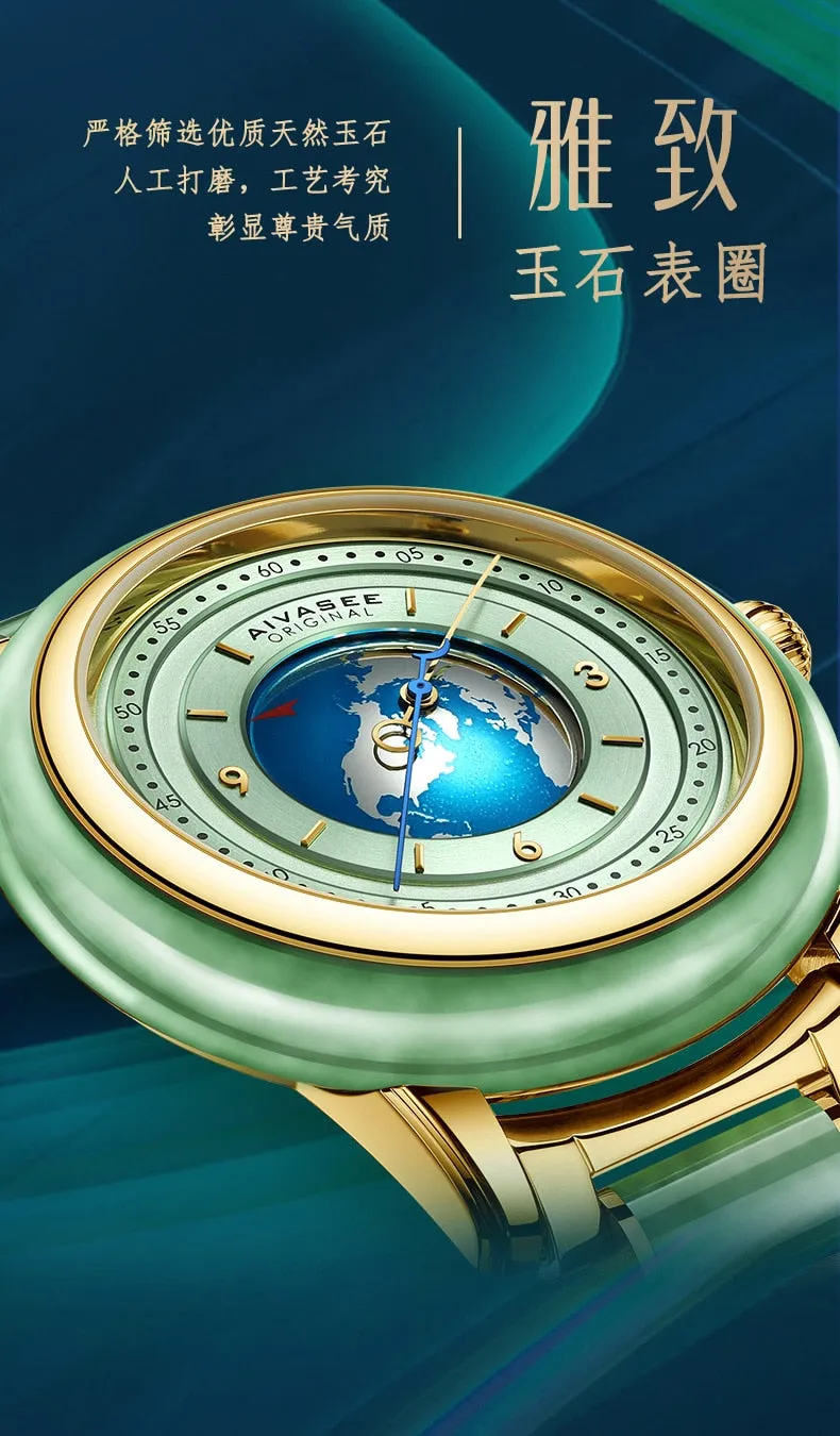 Unisex Hetian Jade Stainless Steel Automatic Mechanical Waterproof Watch