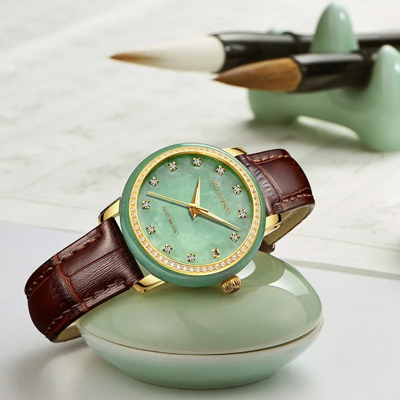 Unisex Jade Diamond Automatic Mechanical Hollow Emerald Wrist Watch