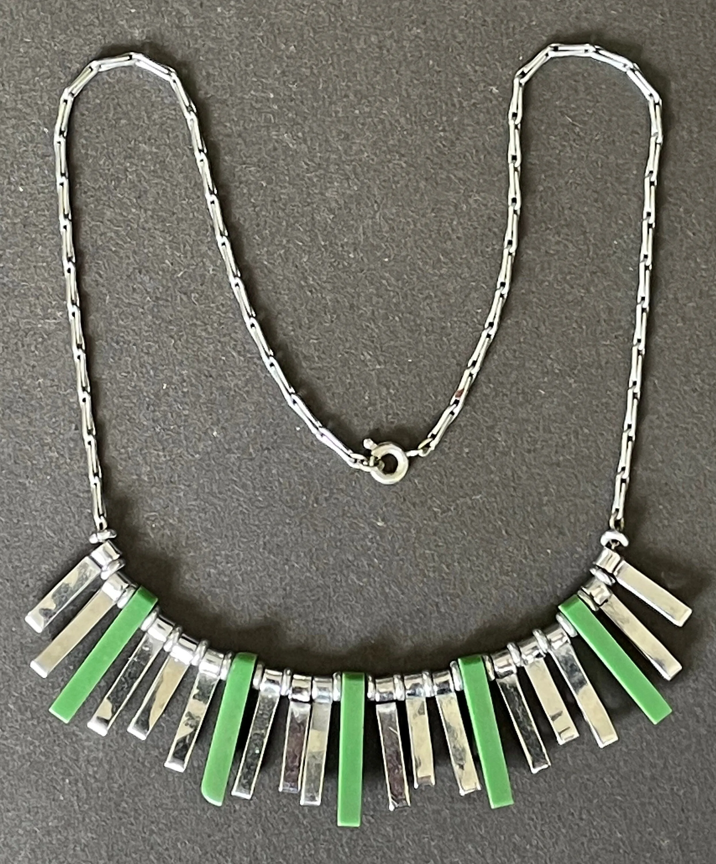 Vintage Jakob Bengel Art Deco machine age necklace, beautiful bright green galalith 3D geometric shapes with shiny silver tone chrome