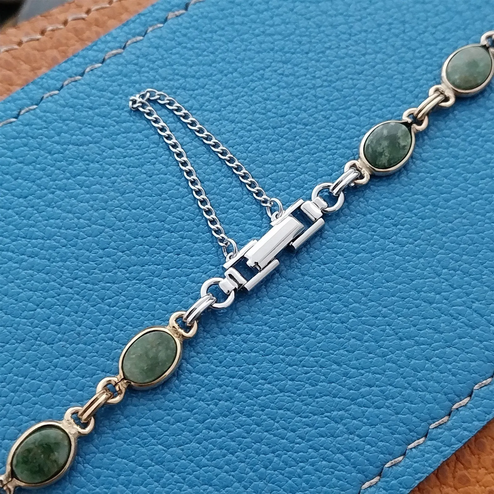 White & Yellow Gold-Filled Wyoming Jade Stone Ladies 1960s Vintage Watch Band