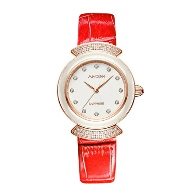 Women's Diamond Emerald Slim Dial Genuine Leather Quartz Watch