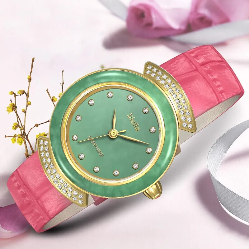 Women's Diamond Emerald Slim Dial Genuine Leather Quartz Watch