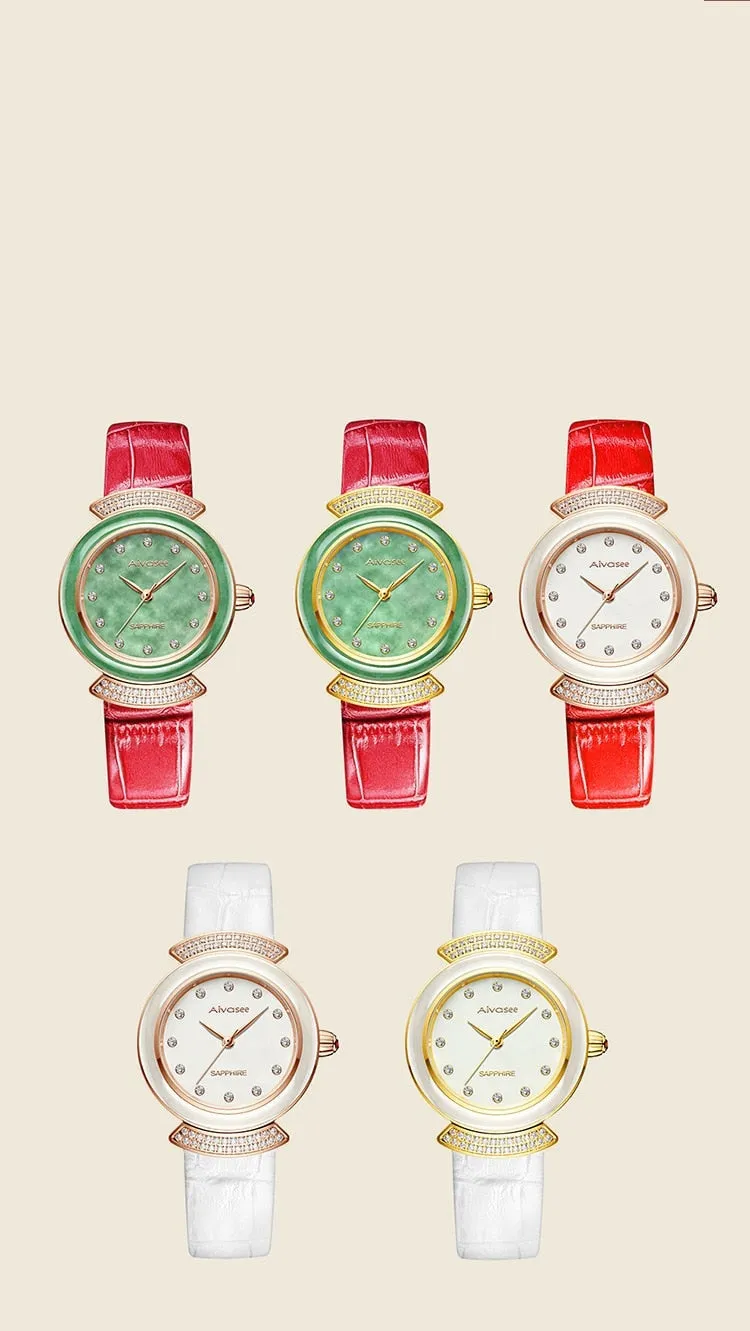 Women's Diamond Emerald Slim Dial Genuine Leather Quartz Watch