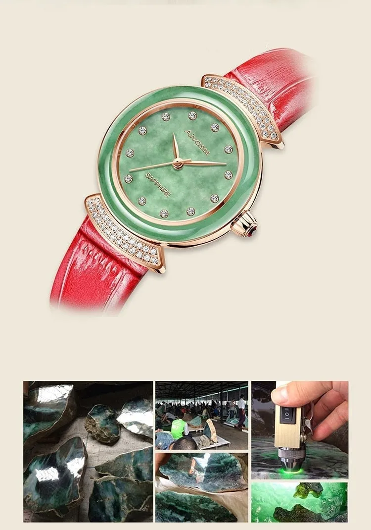 Women's Diamond Emerald Slim Dial Genuine Leather Quartz Watch