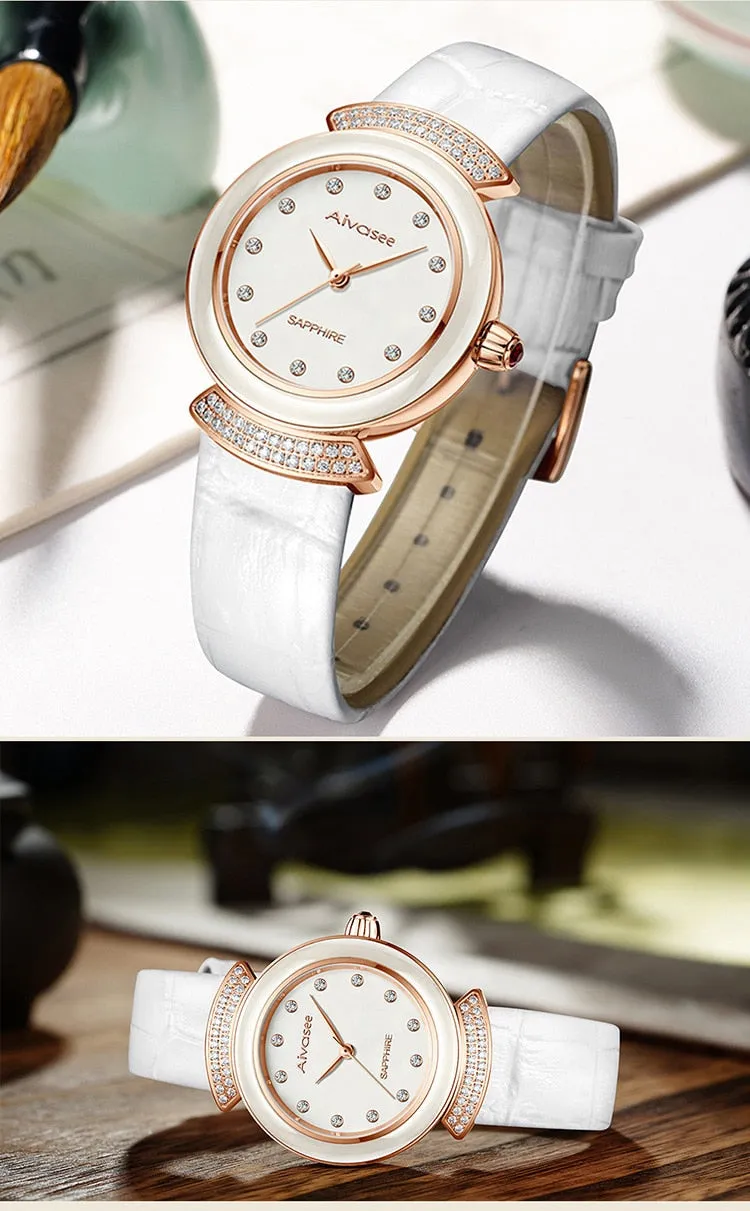Women's Diamond Emerald Slim Dial Genuine Leather Quartz Watch