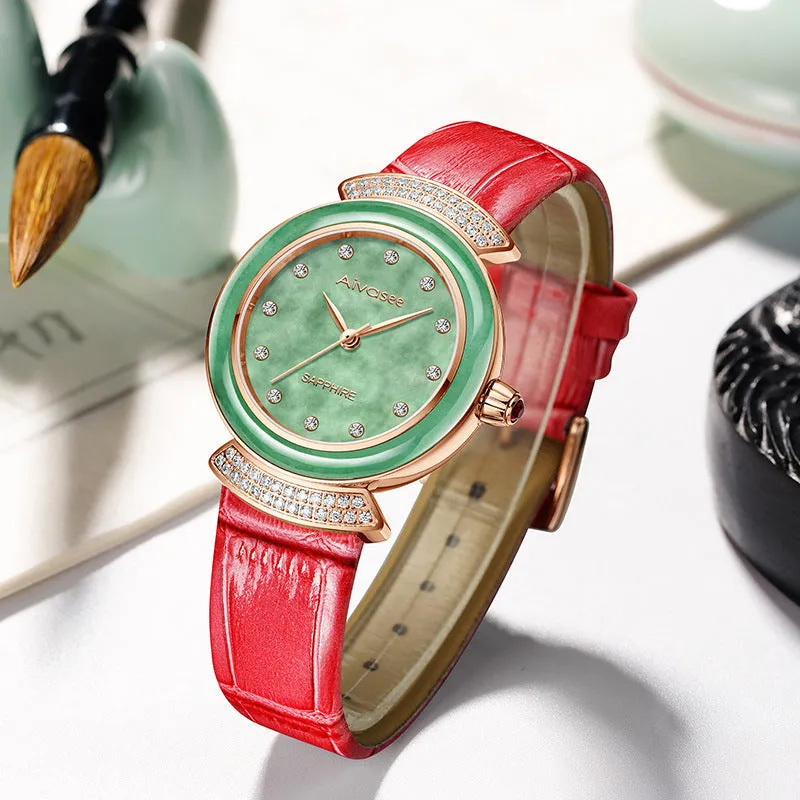 Women's Diamond Emerald Slim Dial Genuine Leather Quartz Watch