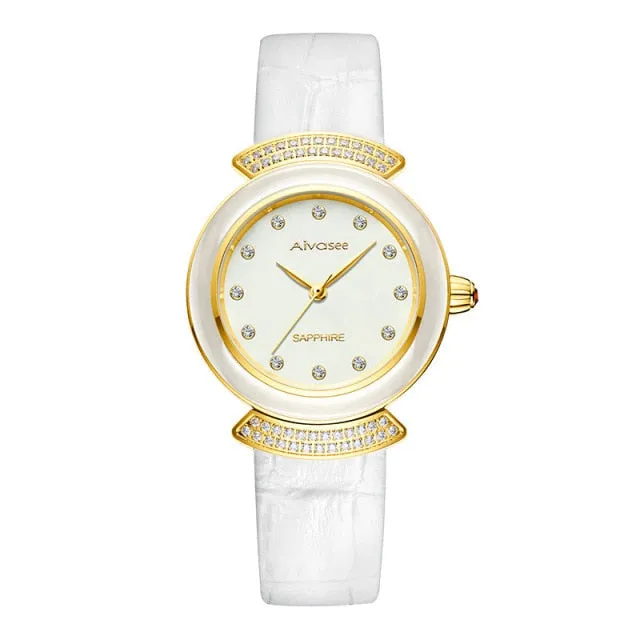 Women's Diamond Emerald Slim Dial Genuine Leather Quartz Watch