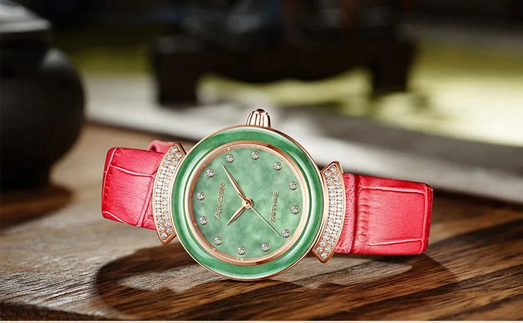 Women's Diamond Emerald Slim Dial Genuine Leather Quartz Watch