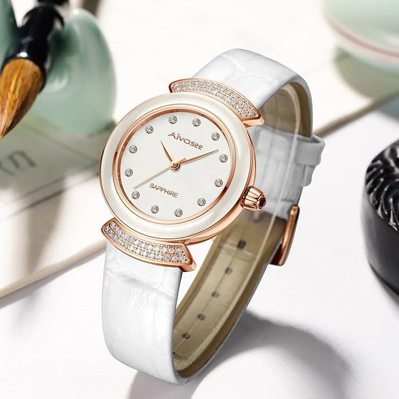 Women's Diamond Emerald Slim Dial Genuine Leather Quartz Watch