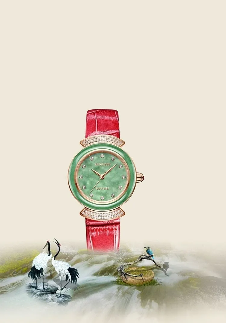 Women's Diamond Emerald Slim Dial Genuine Leather Quartz Watch