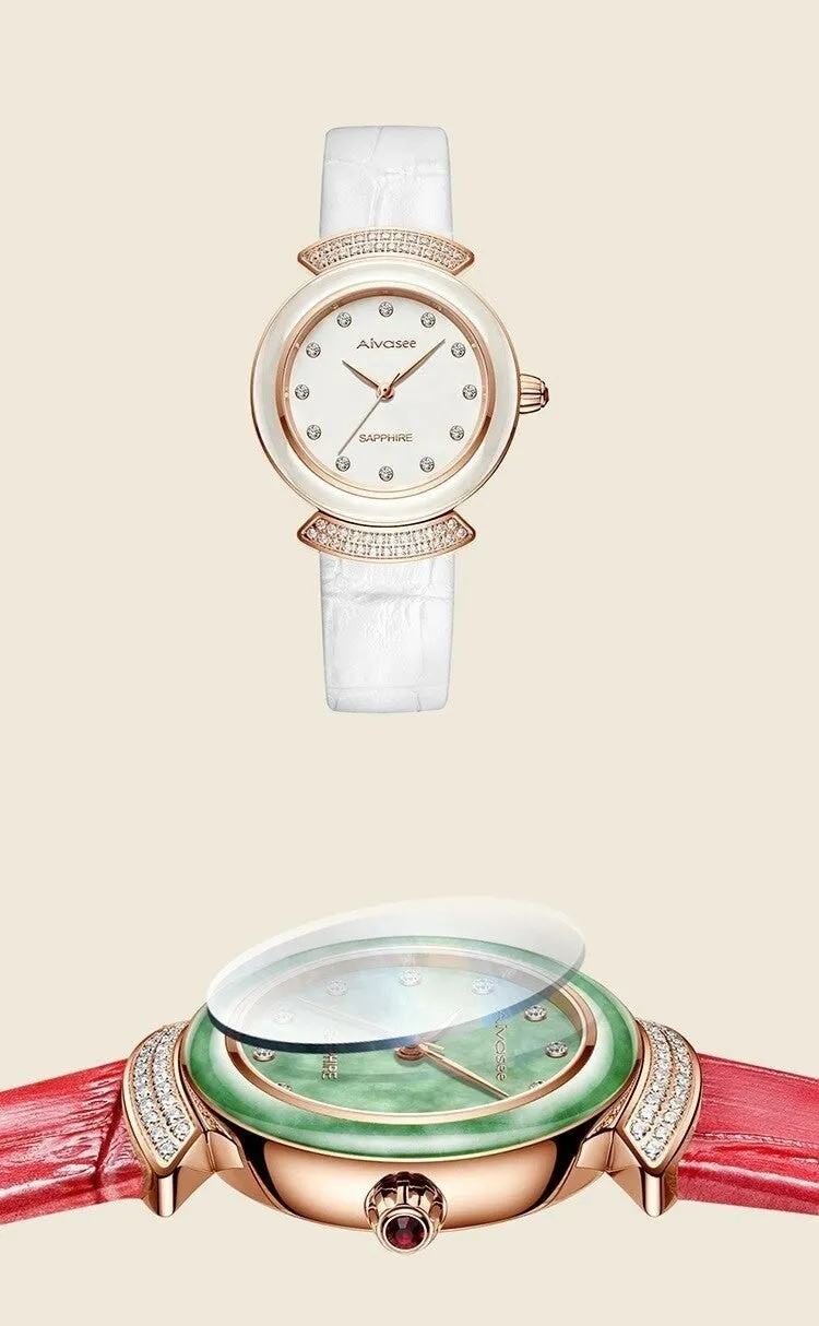 Women's Diamond Emerald Slim Dial Genuine Leather Quartz Watch