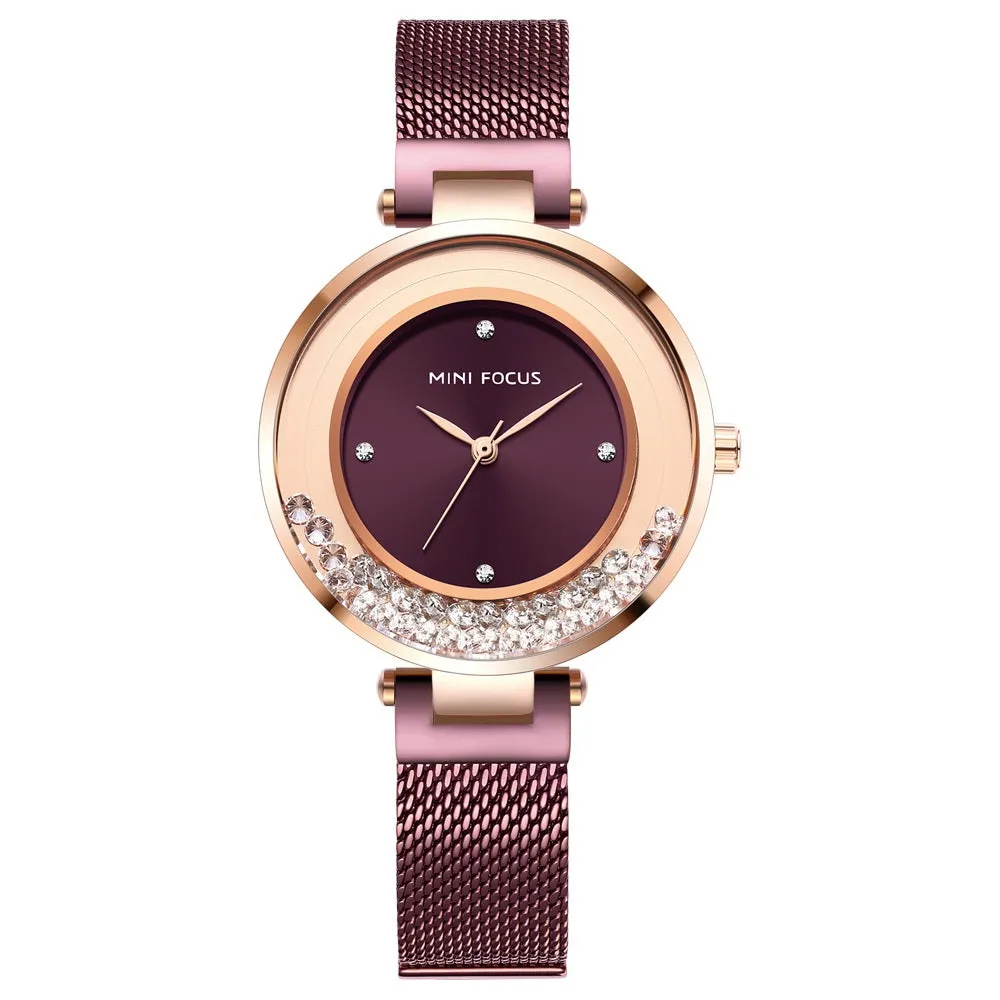 Women's watch with diamond inlaid steel mesh belt
