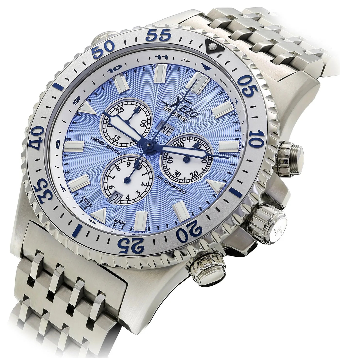 Xezo Air Commando 300-Meter Water Resistant Swiss-Made Chronograph Men's Watch With Second Time Zone (Air Commando D45-SB)